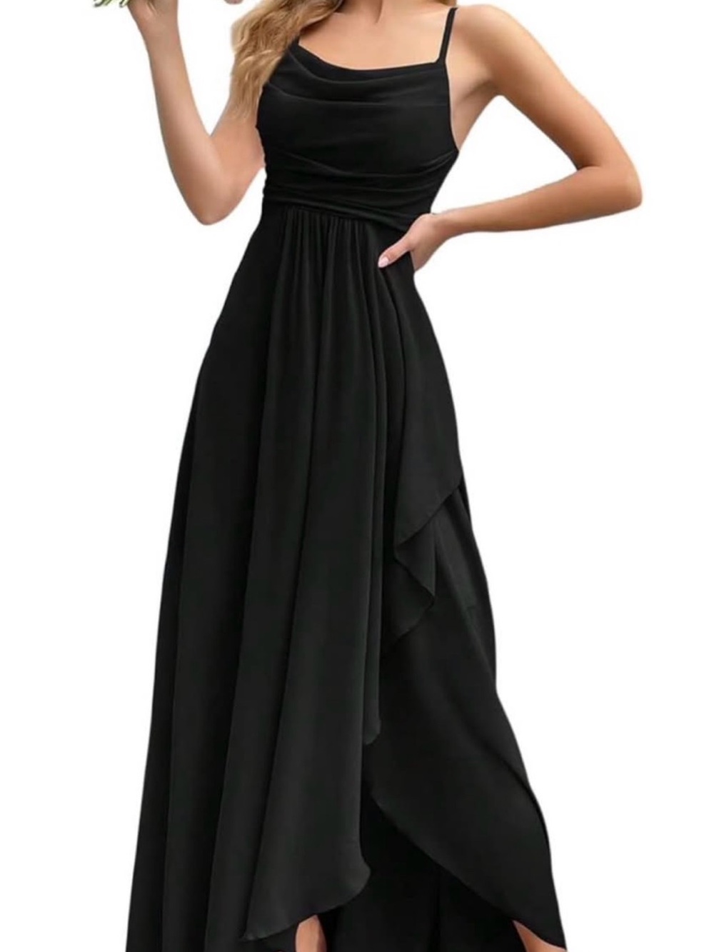 Black Spaghetti-Strap Maxi Dress with Draped Skirt